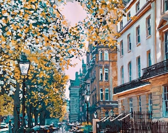 May include: A street scene with a row of buildings on the right side of the image. The buildings are painted in a light cream color with white trim. The buildings have a classic architectural style with large windows and balconies. The street is lined with trees on the left side of the image. The trees have green leaves and are in full bloom. The street is paved with a light brown material. The scene is painted in a realistic style with a focus on the details of the buildings and trees.