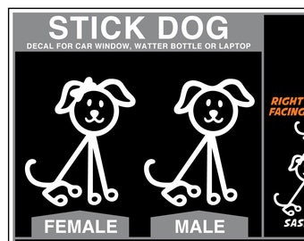 Stick Family Dog: male or female, 3 sizes, left for right facing, Car Window Decals, Dog decal, dog sticker, stick dog water bottle sticker