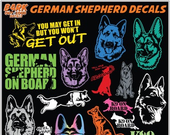 German Shepherd Dog High-Quality Waterproof Vinyl Decals: Detailed Heads and Bodies, On Board, GSD Dad, GSD Mom and more