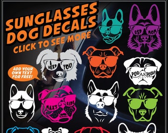 Dogs in Sunglasses Car Window Decal: Dog Life, GSD, Boxer, BorderCollie, Pit Bull, Shiba Inu, Bulldog, Cattle Dog, Labrador  and more