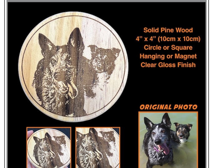 Featured listing image: Pet Portraits: Laser Engraved on Wood, Wall Plaques or Magnets. Pet Memorials, Custom Laser Engraved Photos of Your Pets