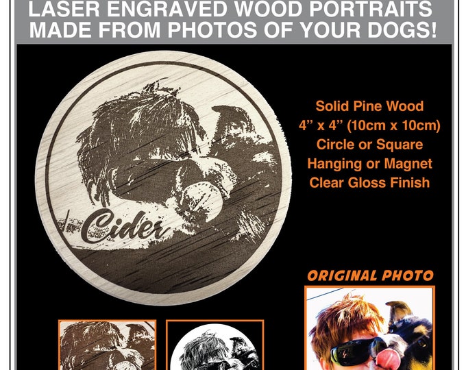 Featured listing image: Pet Portraits: Laser Engraved on Wood, Wall Plaques or Magnets. Pet Memorials, Custom Laser Engraved Photos of Your Pets