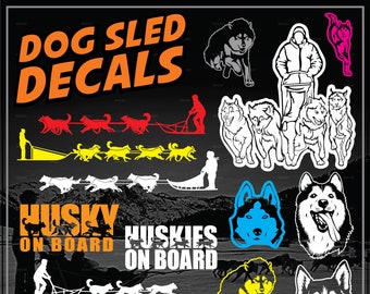 Dog Sled Decals: Musher, dog sledding, husky, sled dogs, dog snow sports, huskies, malamutes, snow dogs, dog sled stickers, snow dog sports