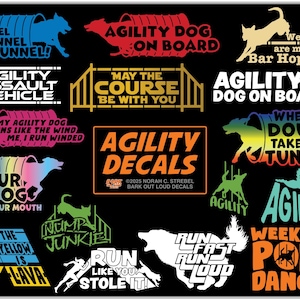Agility Decals: High-Quality Waterproof Vinyl, Agility Dog On Board, Bar Hopper, Weekend Pole Dancer, Jump Junkie, Tunnel and more!
