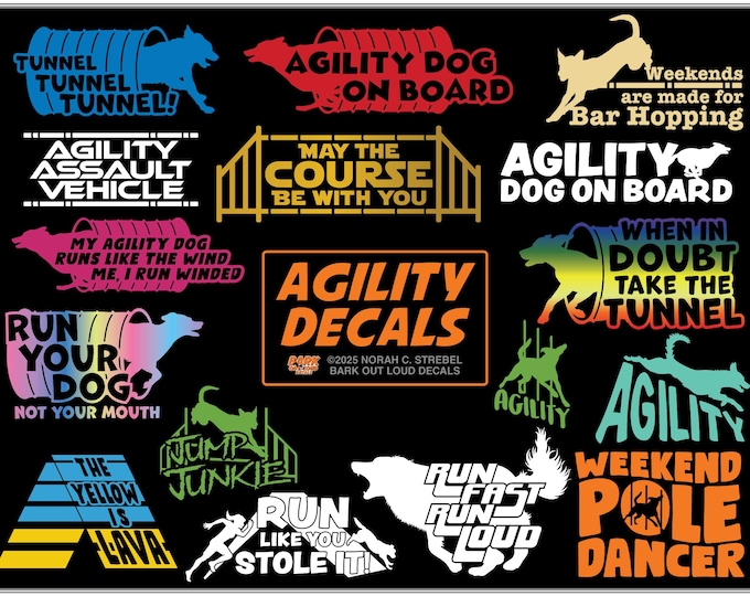 Featured listing image: Agility Decals: High-Quality Waterproof Vinyl, Agility Dog On Board, Bar Hopper, Weekend Pole Dancer, Jump Junkie, Tunnel and more!
