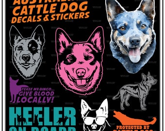 Australian Cattle Dog  High-Quality Waterproof Vinyl Decals: Blue & Red Heelers, Detailed heads and bodies, Heeler On Board and more!