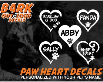 Paw Heart with Your Pet's Name High-Quality Waterproof Vinyl Decals: 5 Styles, Mix-n-Match with a Grab Bag Deal