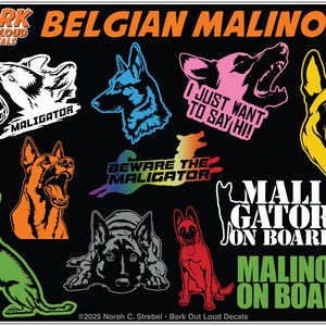 Puede incluir: Una colección de calcomanías de perros Pastor Belga Malinois coloridas. Los diseños incluyen varias ilustraciones de perros en naranja, azul, verde y negro, con texto como "MALIGATOR" y "MALI GATOR ON BOARD". El fondo es negro.
