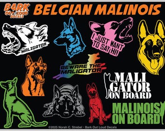 Belgian Malinois High-Quality Waterproof Vinyl Decals: Maligator, Malinois on Board, Belgian Shepherd Heads and Bodies