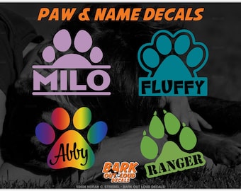 Paw & Name Decal Personalizes with Your Pet's Name For Car Window, Laptop or Water Bottle