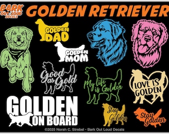 Golden Retriever High-Quality Waterproof Vinyl Decals: Detailed Heads, Stay Golden, Life is Golden, Golden on Board, Love is Golden and more