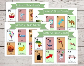 Alphabet flash cards, pictures with lower and upper case of the letters, classroom decoration, kindergarten, preschool