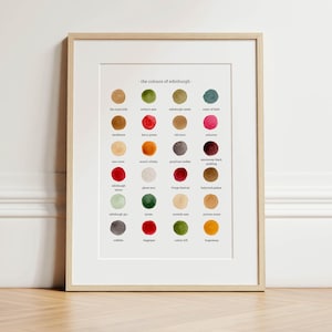 Puede incluir: Impresión enmarcada que presenta una paleta de colores titulada "the colours of edinburgh". La impresión muestra una cuadrícula de círculos coloridos, cada uno etiquetado con un nombre de color específico, como "The Royal Mile" y "Arthur's Seat". El marco es de color madera clara.