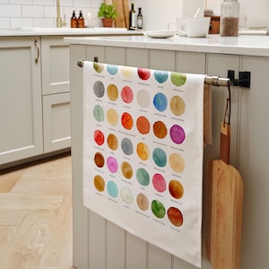 May include: A white rectangular kitchen towel hanging on a metal bar, featuring a grid of colourful watercolour circles. Each circle is labelled with text underneath, displaying various shades and hues in a systematic, organised arrangement.