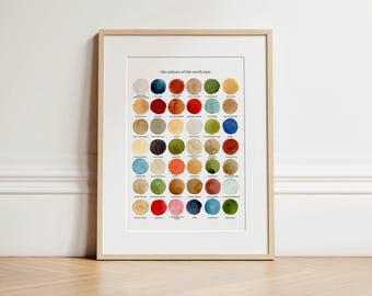 Puede incluir: Impresión enmarcada que presenta una paleta de colores titulada "the colours of the north east". La obra de arte muestra una cuadrícula de círculos de acuarela en varios tonos, incluyendo azul, rojo, verde y amarillo. El marco es de color madera clara.