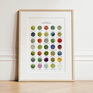May include: A framed art print displaying a series of watercolour circles in various colours. The text "the colours of hiking in the lakes" is at the top. The circles are arranged in a grid, presenting a spectrum of shades and tones.