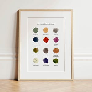 May include: A framed print displaying a colour palette titled "the colours of the peak district." The print shows 15 colour swatches with names such as "kinder scout" and "bakewell tart." The frame is light wood, and the background is white.