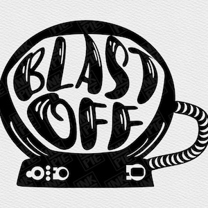 May include: Black and white illustration of a space helmet with the words "Blast Off" written inside. The helmet has a small window and a hose attached to the side.