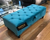 Storage ottoman footstool upholstered in natural TEAL velvet fabric, various colours available, 100 HANDMADE with BUTTONS legs included