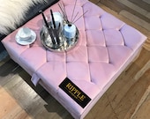 Fabric footstool table upholstered in a beautiful PINK natural fabric, 100 HANDMADE various COLOURS available legs matching buttons