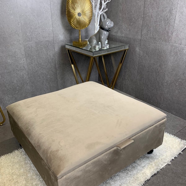 Coffee table storage upholstered in soft velvet and handmade legs included