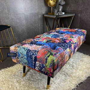footstool patchwork printed fabric living room side table pouffe bench, handmade in the U.K. upholstered in a beautiful chesterfield fabric