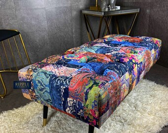 footstool patchwork printed fabric living room side table pouffe bench, handmade in the U.K. upholstered in a beautiful chesterfield fabric