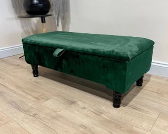 Green Plain Ottoman Storage Bench Velvet Green Footstool UK Dark Green Ottoman Bench