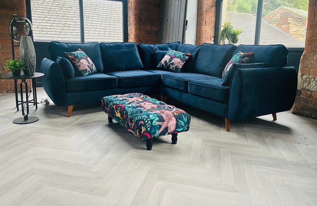 Corner Sofa Modular Seating Blue Velvet Handmade in the U.K. Legs
