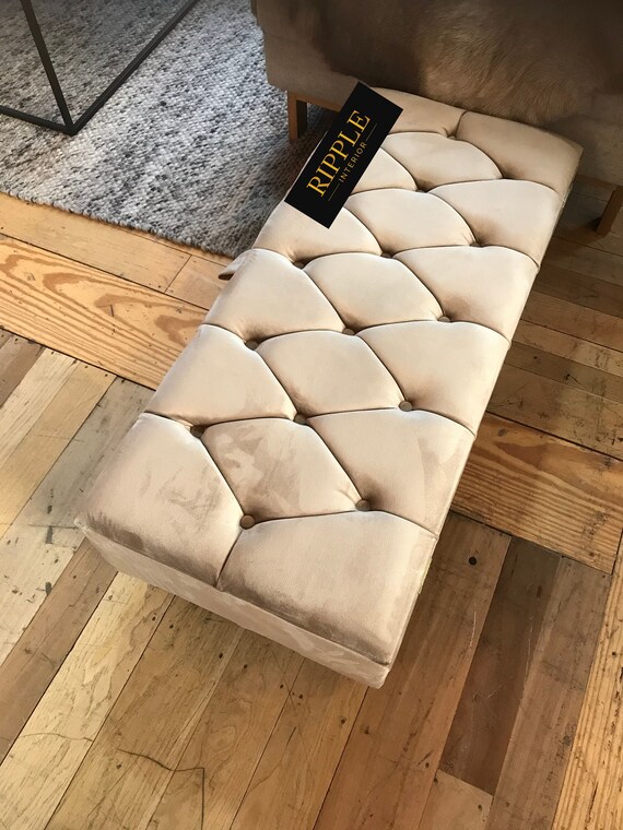 Footstool Storage Upholstered in Natural BEIGE Velvet Fabric