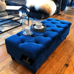 Blue Ottoman Storage Coffee Table| Toy Storage Box| Deep Cushioned Handmade Chesterfield Upholstered Footstool with Storage| Seating Bench