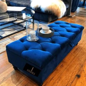 Blue Ottoman Storage Coffee Table| Toy Storage Box| Deep Cushioned Handmade Chesterfield Upholstered Footstool with Storage| Seating Bench