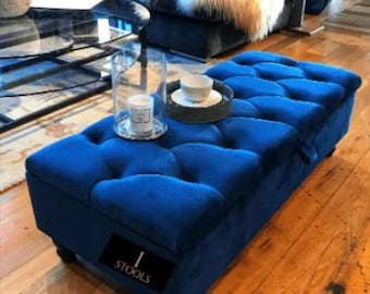 Blue Ottoman Storage Coffee Table| Toy Storage Box| Deep Cushioned Handmade Chesterfield Upholstered Footstool