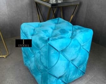 Aqua Velvet Square Ottoman: Deep Buttoned Footstool, Storage Box