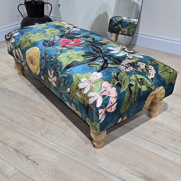 Floral Printed Footstool, Luxurious Fabric Bench , Handmade Chesterfield traditional coffee table footrest