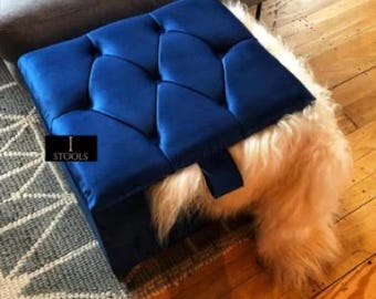 Navy Blue Velvet Ottoman Footrest, Small Storage Box, Handmade in UK