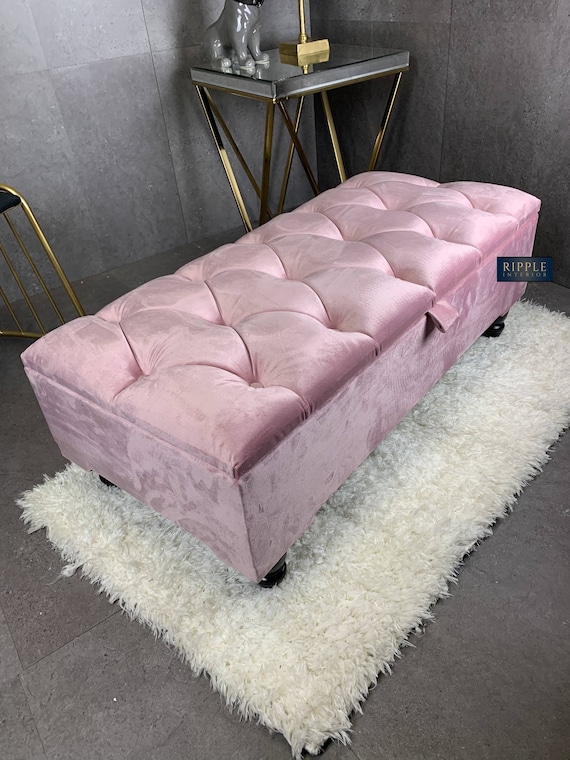 Velvet Storage Ottoman Bench Foot Rest Footstool End of Bed Storage Seat  Pink