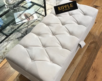 Creamy White Velvet Ottoman, Chesterfield Buttoned Storage Box, Handmade