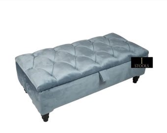 Duck Egg Blue Velvet Ottoman Bench, Chesterfield Storage Trunk, Handmade
