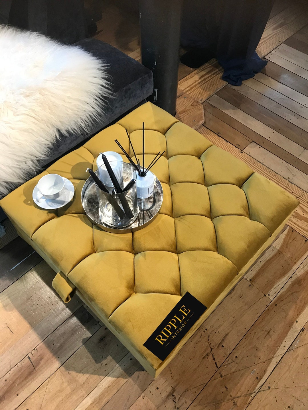 Storage Table Footstool Upholstered in a Beautiful GOLD Natural Fabric