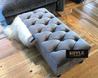 Extra Large High Deep cushioned Handmade Chesterfield Footstool Gray Upholstered Coffee Table Footrest