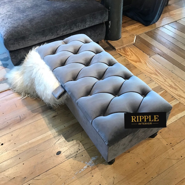 Reposapiés otomano de lujo • Reposapiés tradicional tapizado Chesterfield hecho a mano, mesa de centro, banco para guardar juguetes y mantas para niños