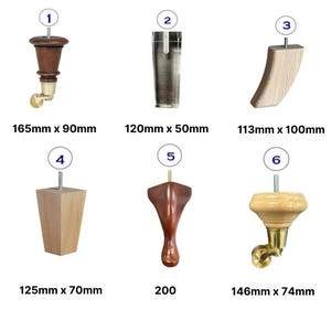Op de afbeelding: Zes verschillende stijlen van meubelpoten, elk met een ander ontwerp en een andere maat. De poten zijn gemaakt van hout en hebben verschillende afwerkingen. De afmetingen van elke poot staan ​​onder de afbeelding.