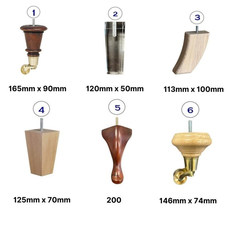 Op de afbeelding: Zes verschillende stijlen van meubelpoten, elk met een ander ontwerp en een andere maat. De poten zijn gemaakt van hout en hebben verschillende afwerkingen. De afmetingen van elke poot staan ​​onder de afbeelding.