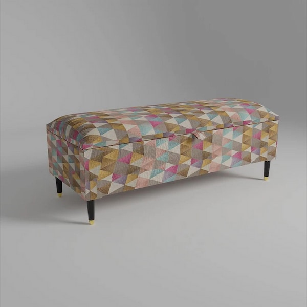 Tri Geometric Pattern Storage Footstool Pouffe. Handmade Chesterfield Traditional Coffee Table Footrest, Kids Toys and Blanket Storage