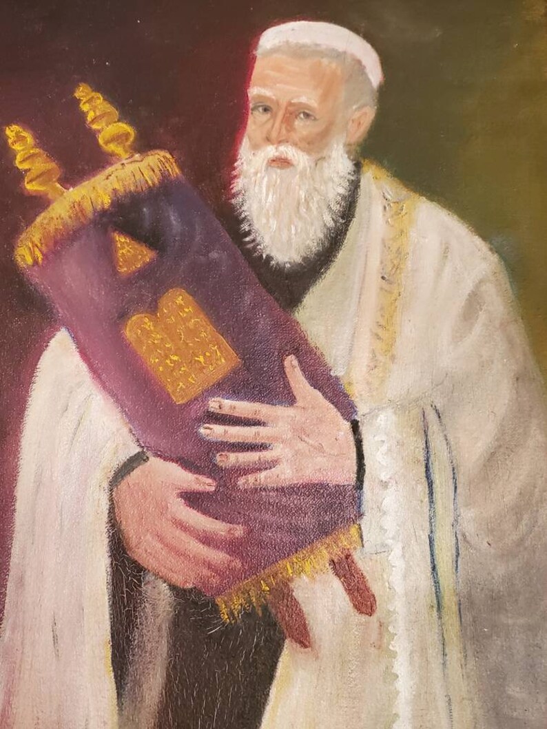 Vintage Religious Painting of Rabbi and Torah Scrolls