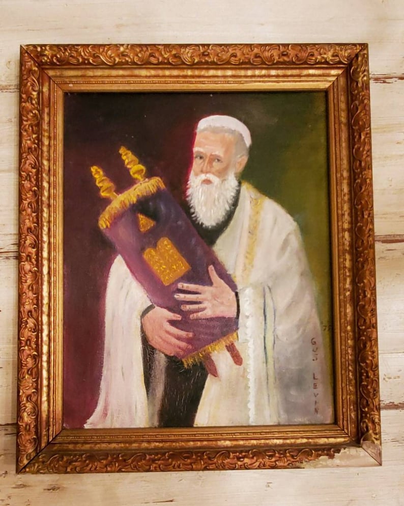Vintage Religious Painting of Rabbi and Torah Scrolls