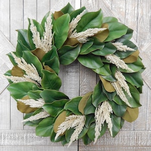 Pampas and Magnolia Wreath, Everyday Greenery Wreath, Neutral All Season Wreath, Rustic Year Round Farmhouse Decor