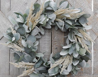 Eucalyptus Pampas and Lambs Ear Wreath, Everyday Neutral Wreath, All Seasons YearRound Wreath