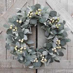 Eucalyptus and Lambs Ear Wreath, Year Round Greenery and Cream Berry Wreath, Neutral All Seasons Everyday Wreath